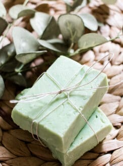 Decorative green soap bars tied with hemp string.