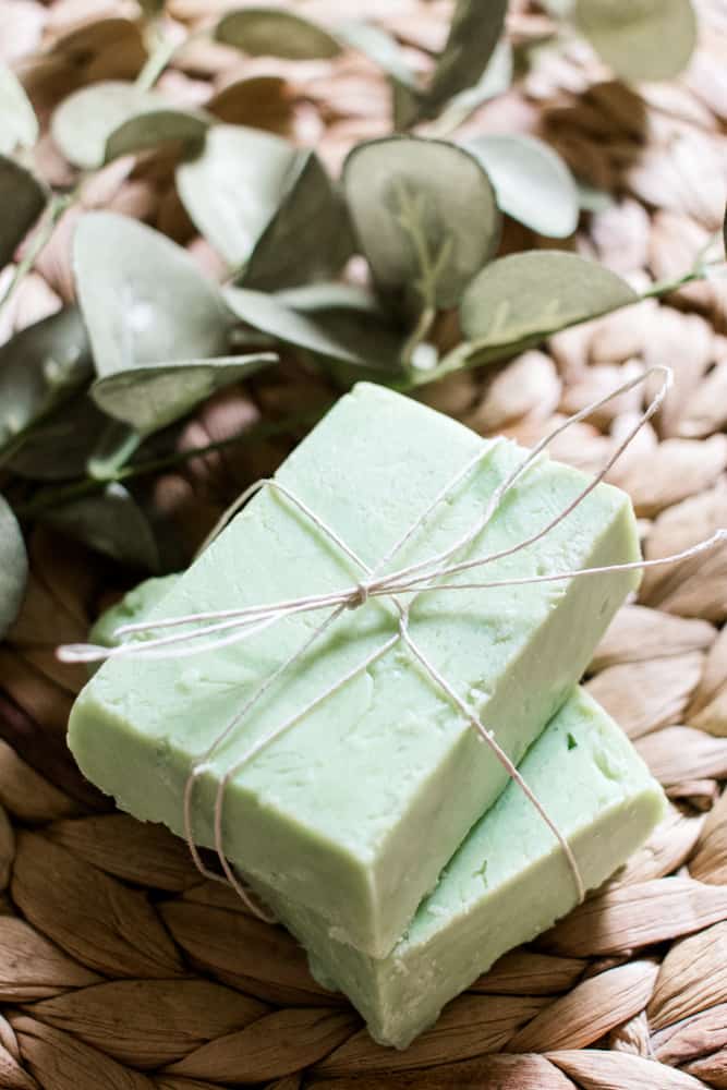 Decorative green soap bars tied with hemp string.
