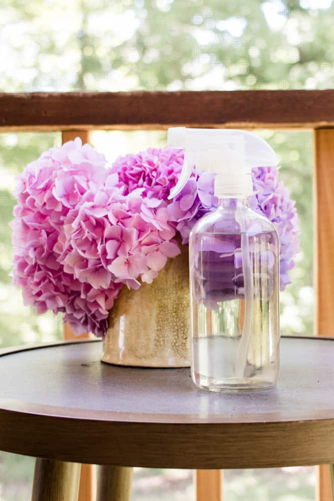 Homemade plant spray in a clear spray bottle on an end table with pink flowers.