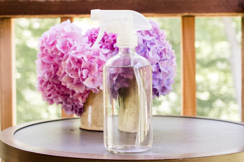 Natural bug spray for flowers on a covered deck atop a small, round corner table.