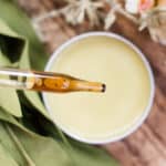 Homemade lemon balm salve in a small metal tin.