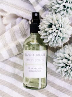 Homemade Island breeze linen spray with a homemade label.