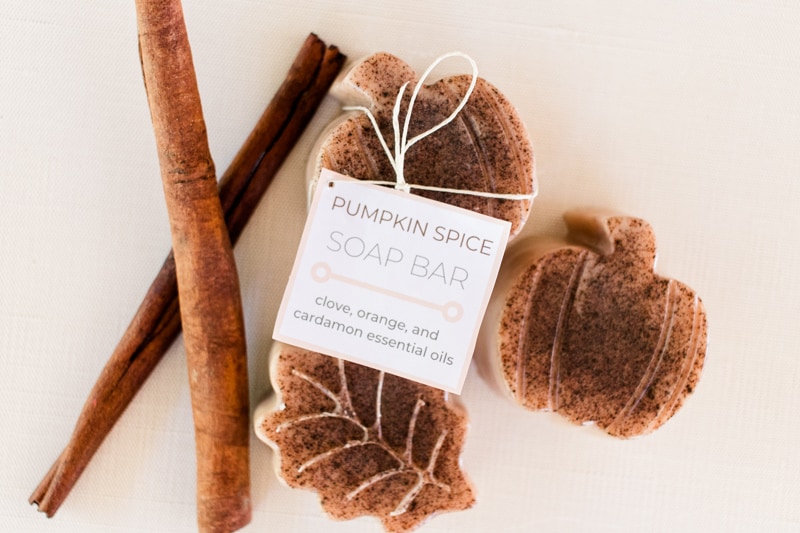 Pumpkin spice soap bars with a label attached. 