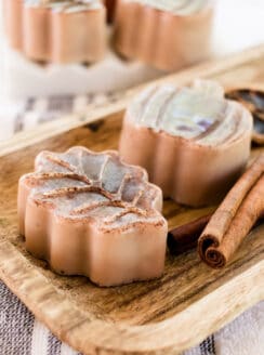 Fall soap bars with speckled tops and in shapes of pumpkins and leaves.