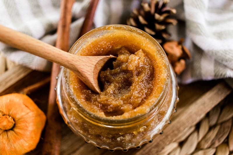 Close up DIY body scrub in a glass jar. 