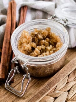 Pumpkin sugar scrub in a glass locking container.