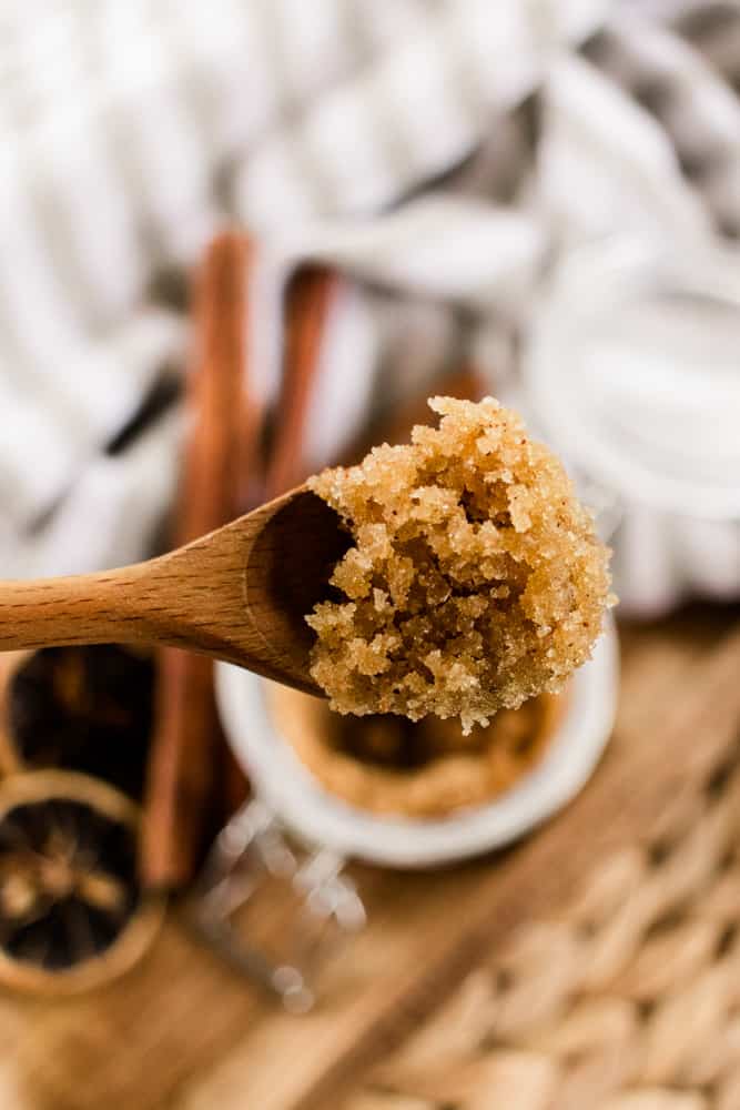 Close-up of fall DIY body scrubs on a spoon. 