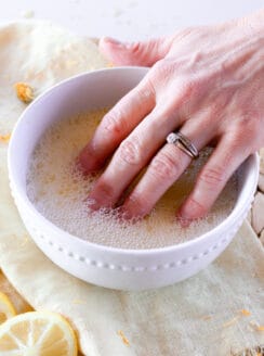 Soaking Nails in a natural nail soak of eggs and lemon juice.