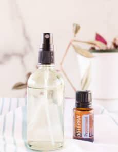 Essential oil mouse repellent in a glass spray bottle.