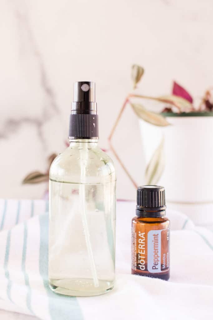 A glass bottle with peppermint essential oil nearby. 