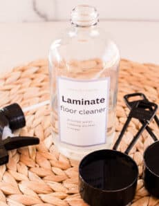 Laminate floor shiner with measuring tools and a sprayer nozzle.