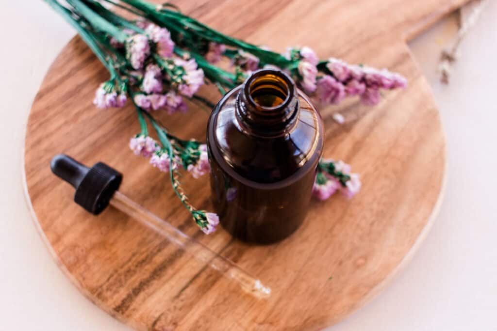 DIY cleansing oil on a wooden board. 