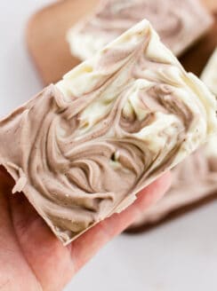 Mens soap bar with brown and white swirls.