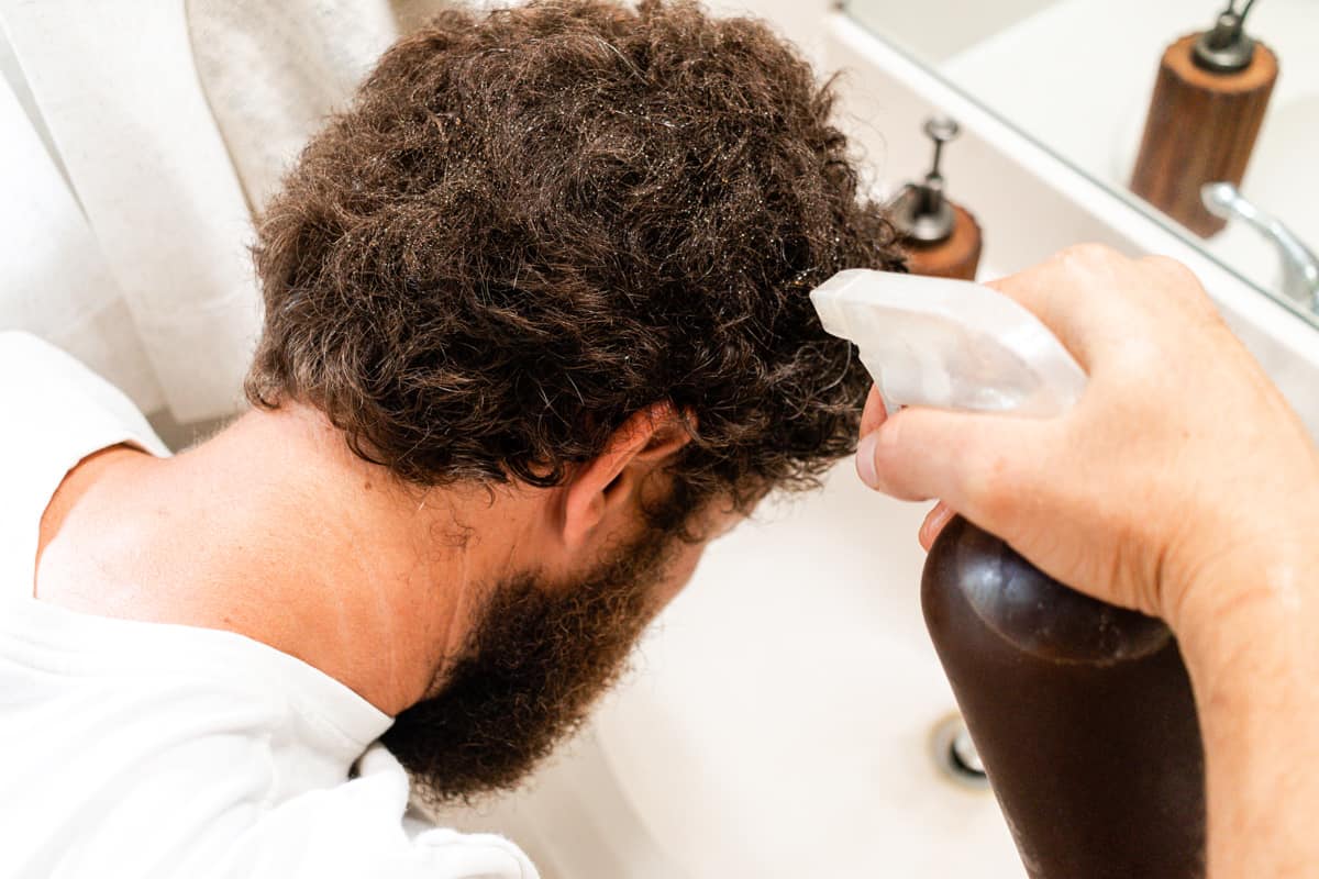 Spraying grey hairs with black tea.