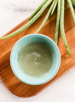 Fresh aloe vera plant with aloe vera gel in a small bowl.