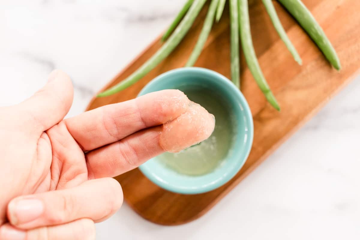 Aloe gel on the fingertips. 