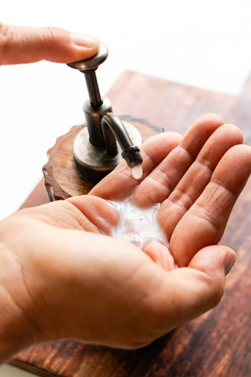 Liquid soap that was made from a solid soap bar being dispensed into my hand.