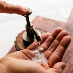 Handmade liquid soap being dispensed.