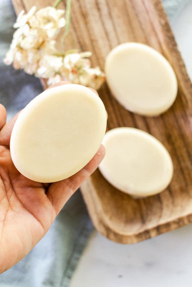 Hardened coconut milk soap bars after it has been popped out of the mold.