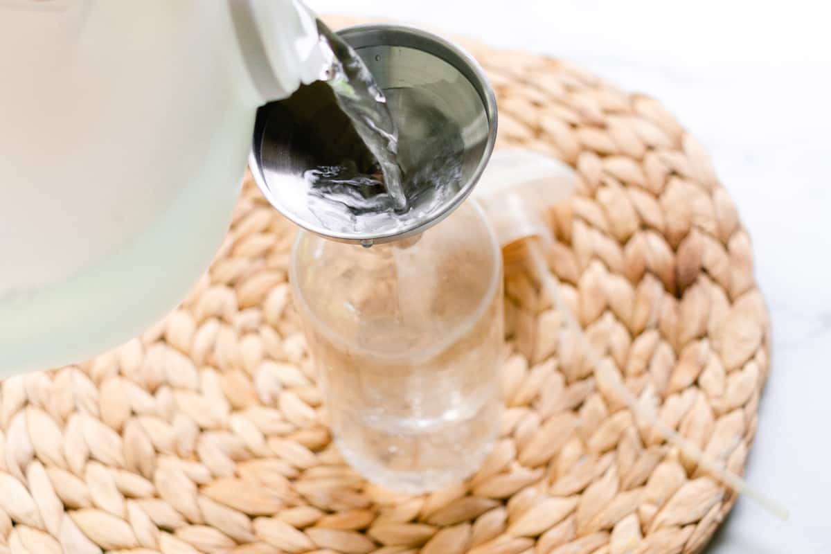 Pouring vinegar, undiluted into a spray bottle.