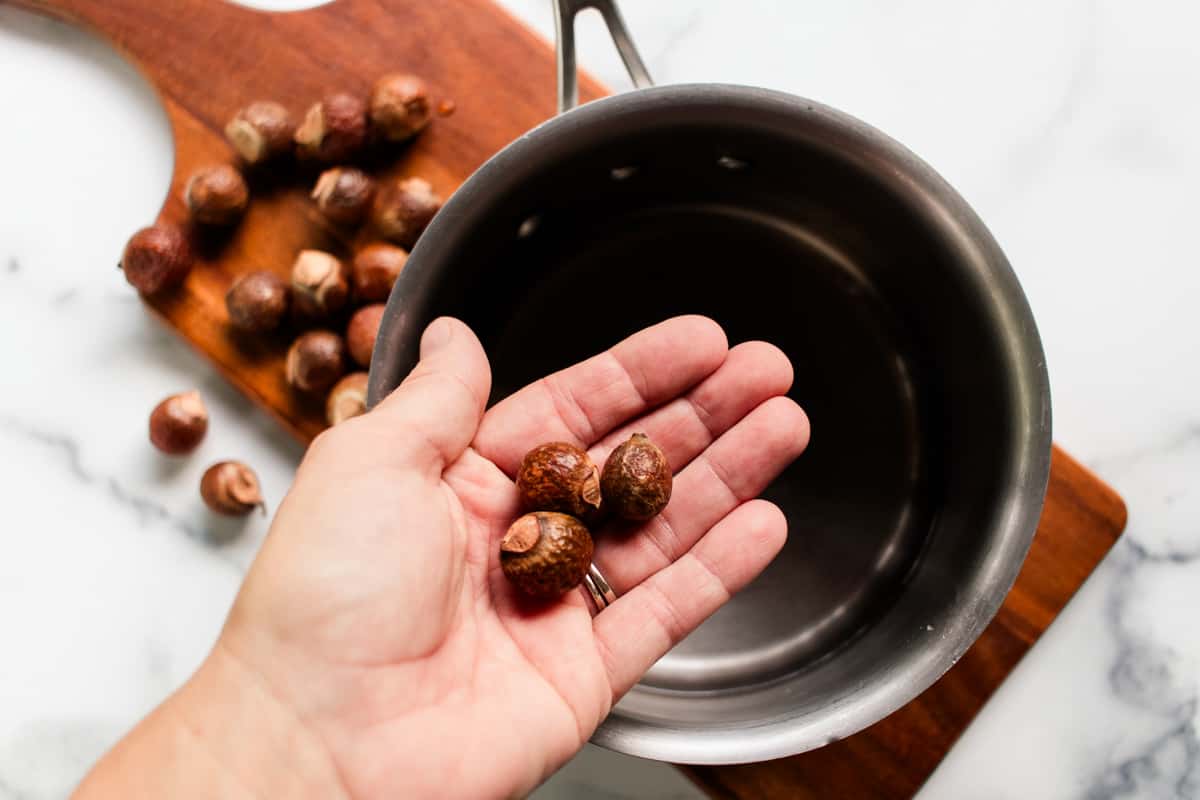 Holding soap nuts over a pot of boiling water.