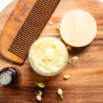 Homemade beard butter recipe in a glass container.