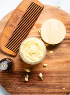 Homemade beard butter recipe in a glass container.