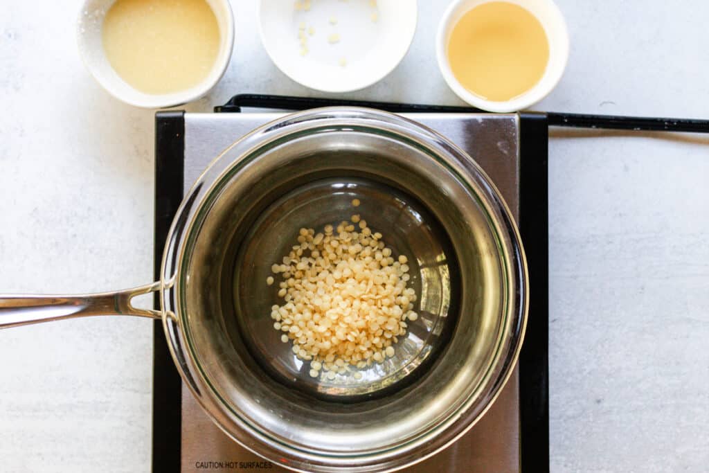 Melting the beeswax for the tallow balm recipe.