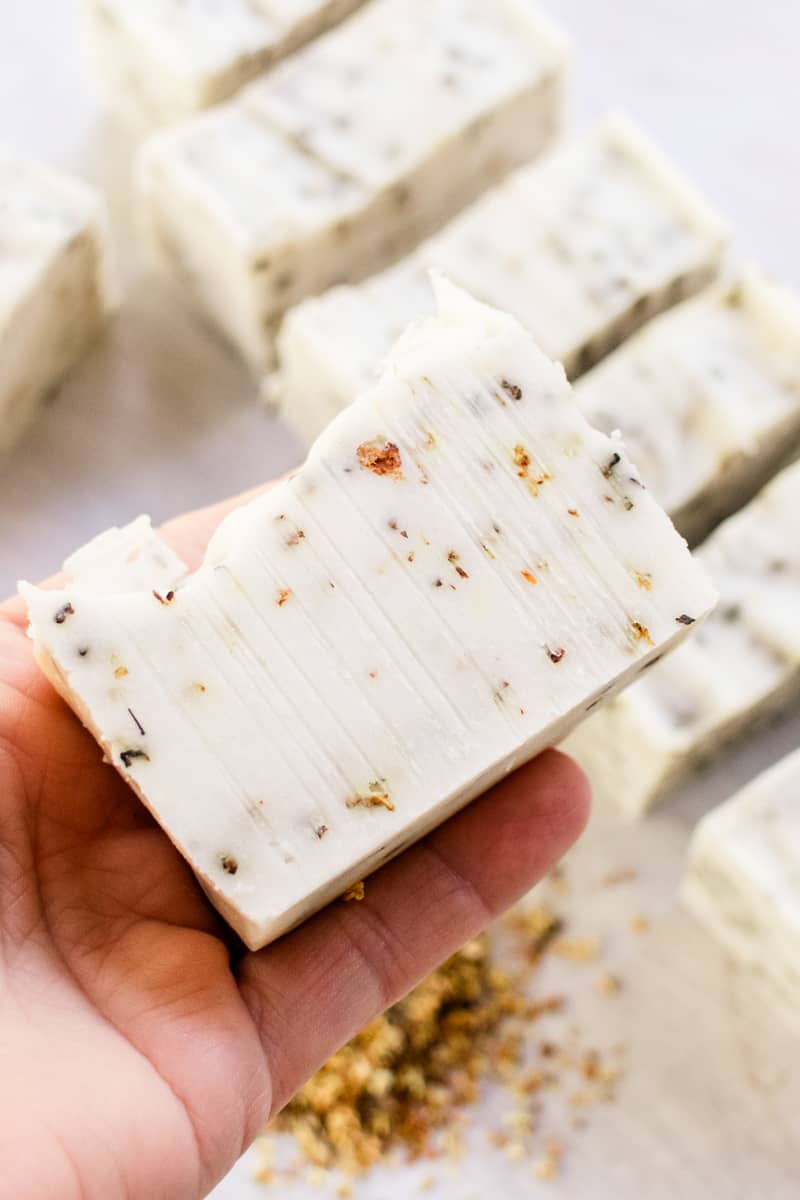 Cold process soap bar that is infused with osmanthus flowers.