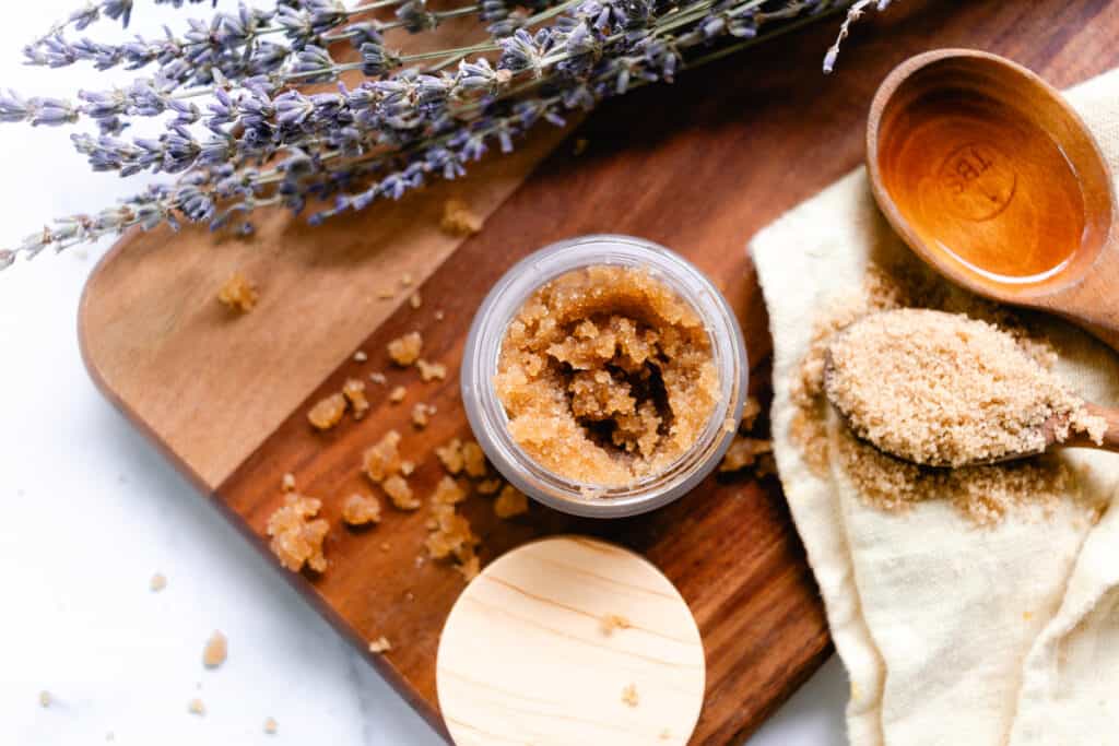 Homemade armpit exfoliator in a small glass container.