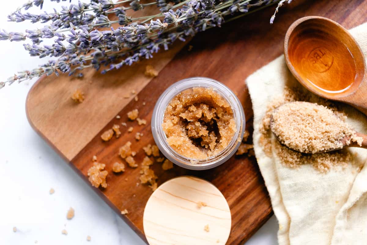 A diy underarm exfoliator with a spoon of brown sugar and fractionated coconut oil.