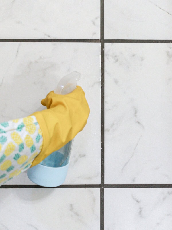 Spraying the mold with a homemade mold spray directly onto the grout.