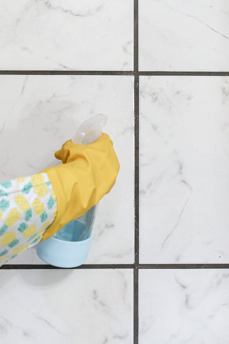 Spraying the mold spray onto the tile grout and letting it sit for several minutes.