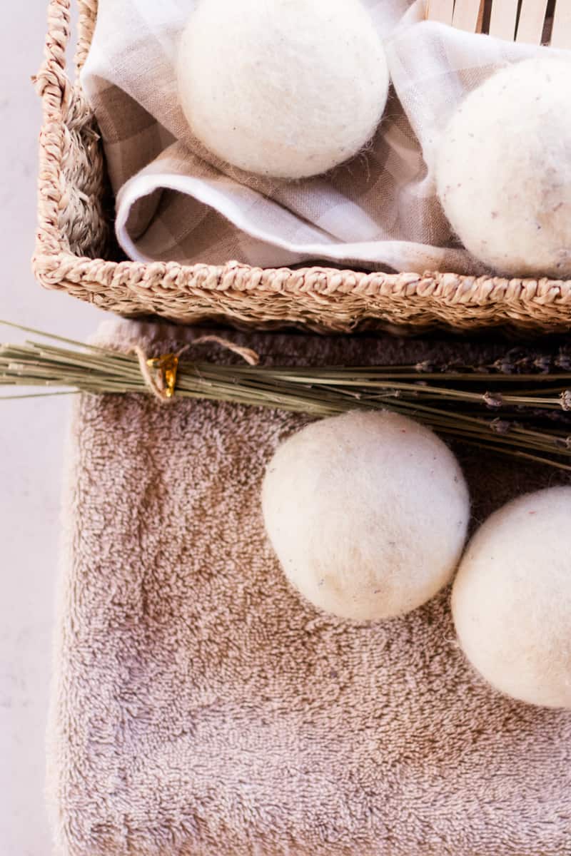 Lavender sprigs adding fragrance to dryer balls.