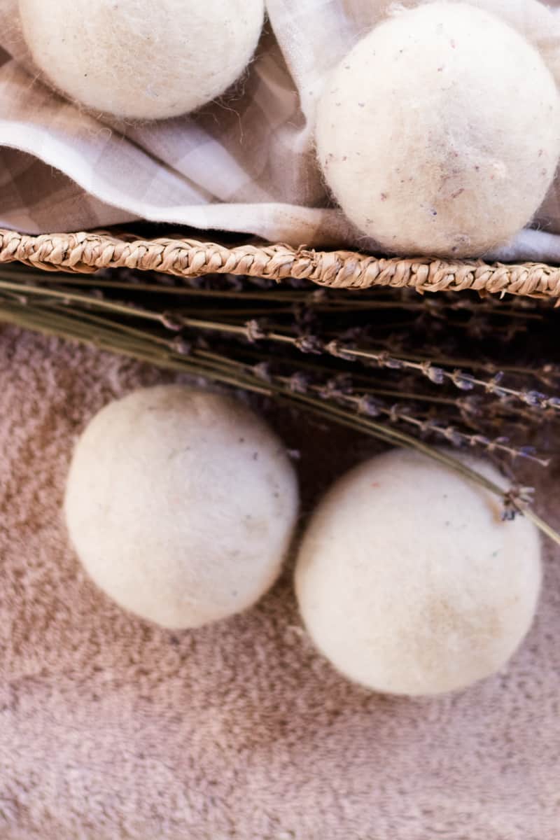 A basket of wool dryer balls being stored away for future use.