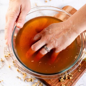 Soaking my hand in a chamomile hand soak.