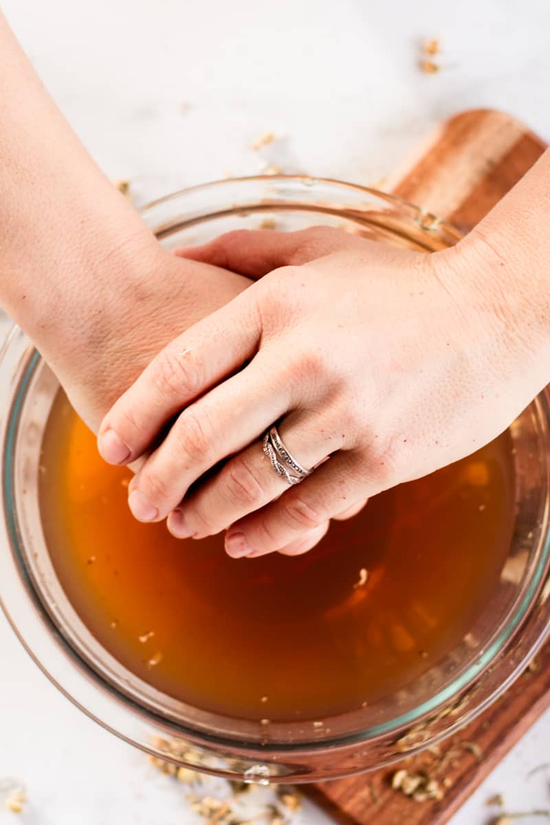 Getting ready to put my hands into a chamomile hand soak.