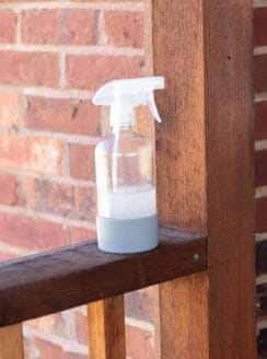 A homemade fly spray sitting on a screened in porch.