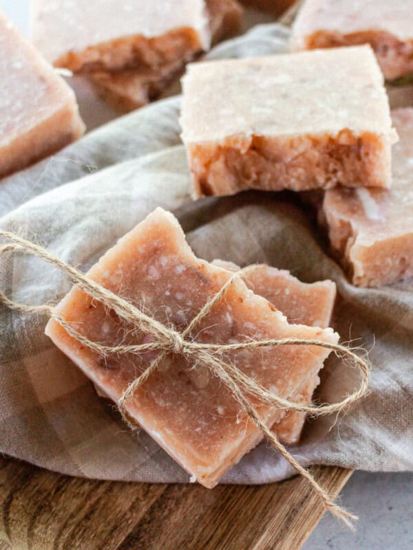 Rebatch soap after it has hardened, with hemp string tied around one of them.