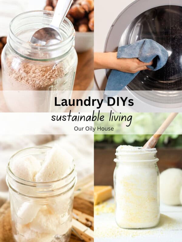 Collage of several different laundry recipes. first image of soap nut laundry detergent. The second is of cleaning a front loader washing machine. Third image is of laundry soap pods. Final is of powder laundry soap in a mason jar with a wooden spoon sticking out the top.