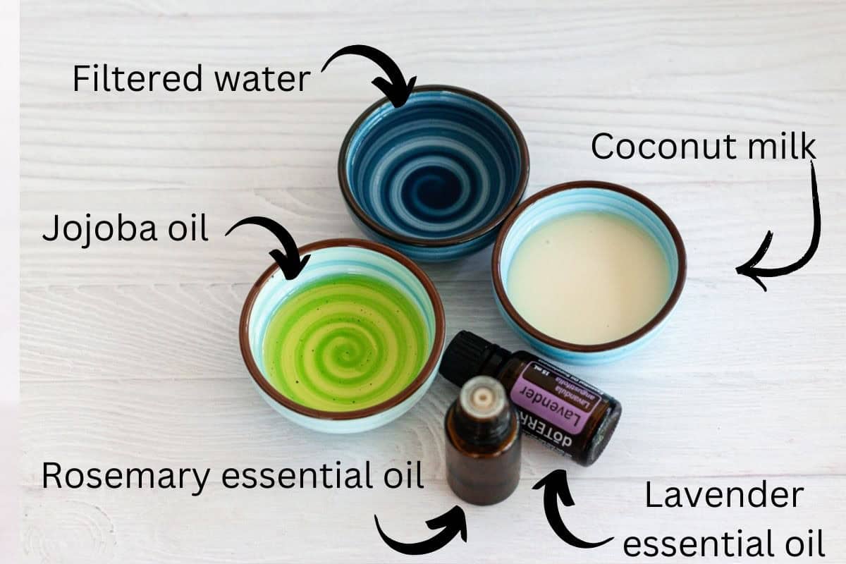 Ingredients for coconut milk leave-in conditioner: coconut milk, filtered water, essential oils, and jojoba oil. 