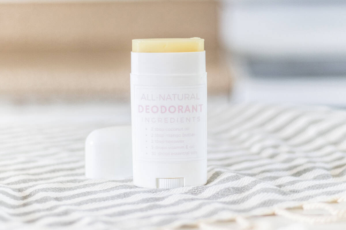 Deodorant container with homemade deodorant and printable label.