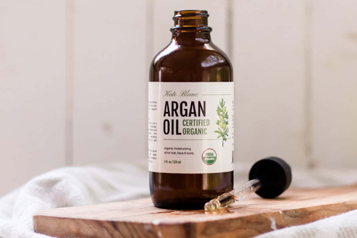 Bottle of Morrocan argan oil with a dropper top. 