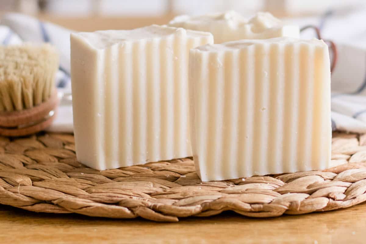 Two cold process shampoo bars standing upright on a wicker mat.