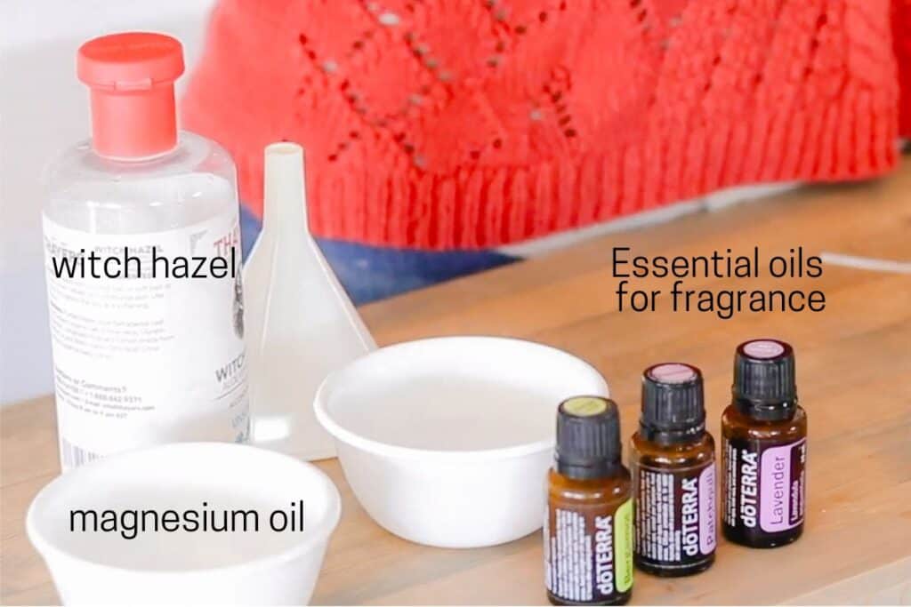 Spray deodorant ingredients: magnesium oil, witch hazel, and essential oils.