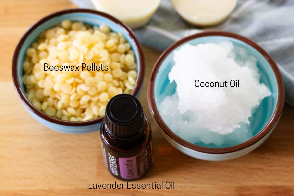 Wax melt ingredients: beeswax, coconut oil, and essential oil.