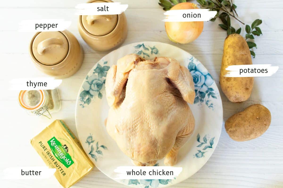 Ingredients needed for cast-iron roast chicken with red potatoes.