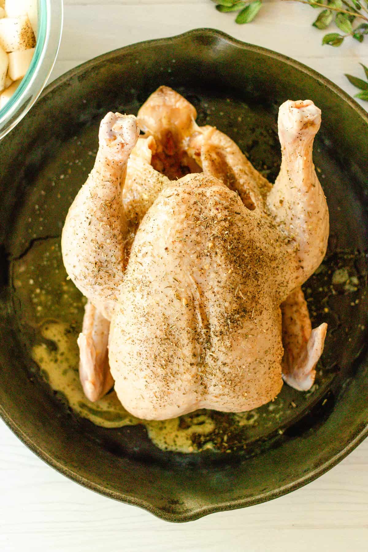 Pour the melted butter over the chicken in the cast iron skillet.