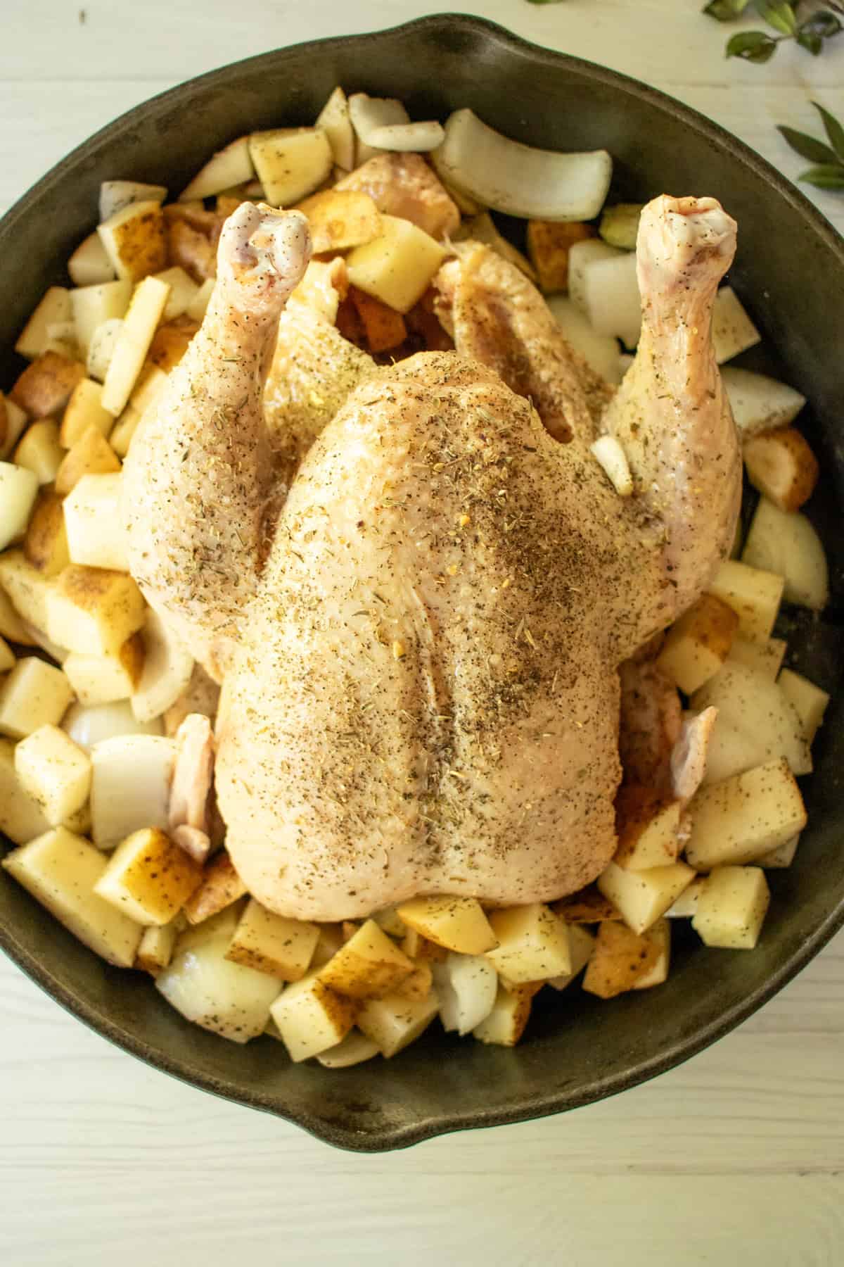 Place potatoes and onions around the chicken.