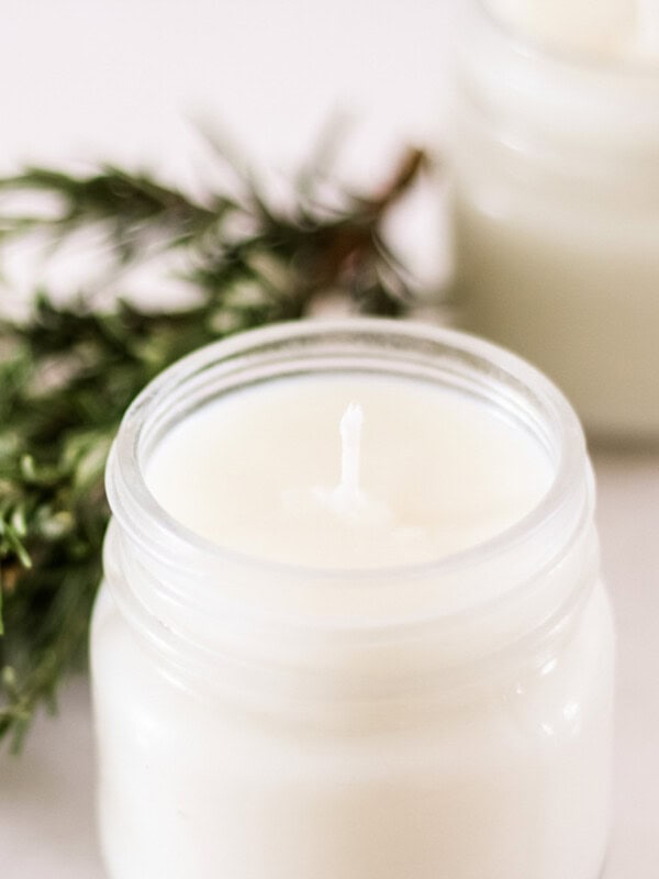 A rosemary mint soy candle with an evergreen cutting.